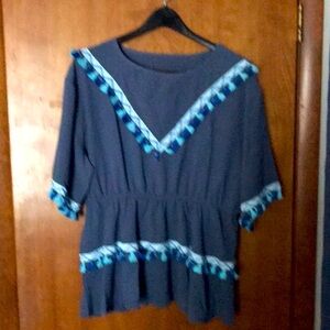 SHEIN 2xl top gray with blue and turquoise tassels